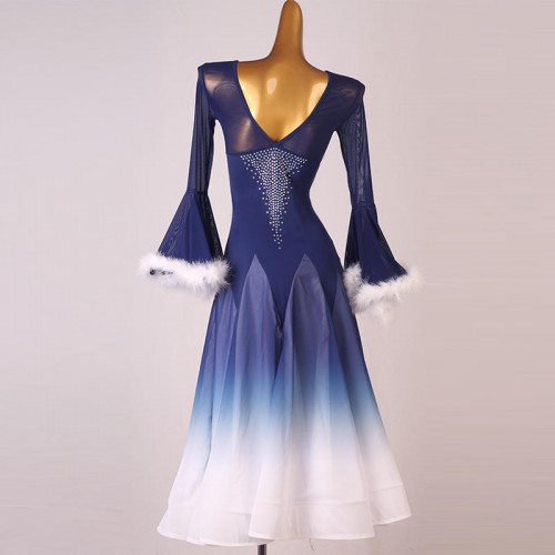 Custom size navy blue gradient with white feather competition ballroom dance dresses for women girls kids rhinstones waltz tango foxtrot smooth long gown for lady
